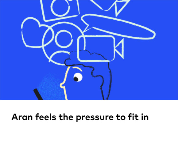 Image of a boy viewing a phone screen. Image of a mobile phone, Link to ChildNet video titled 'Aran feels the pressure to fit in'.