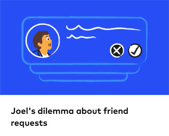 Image of social media friend requests on a phone screen. Link to Image of a mobile phone, Link to ChildNet video titled 'Joel's dilema about friend requests'.