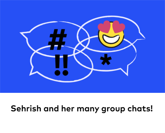 Image of speech bubbles containing emojis and characters. Image of a mobile phone, Link to ChildNet video titled 'Serish and her many group chats!'.