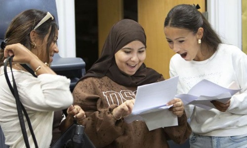 Image featuring some of the school's students receiving their GCSE results in August 2023