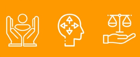Icons representing the school's values: caring, open-minded and principled.